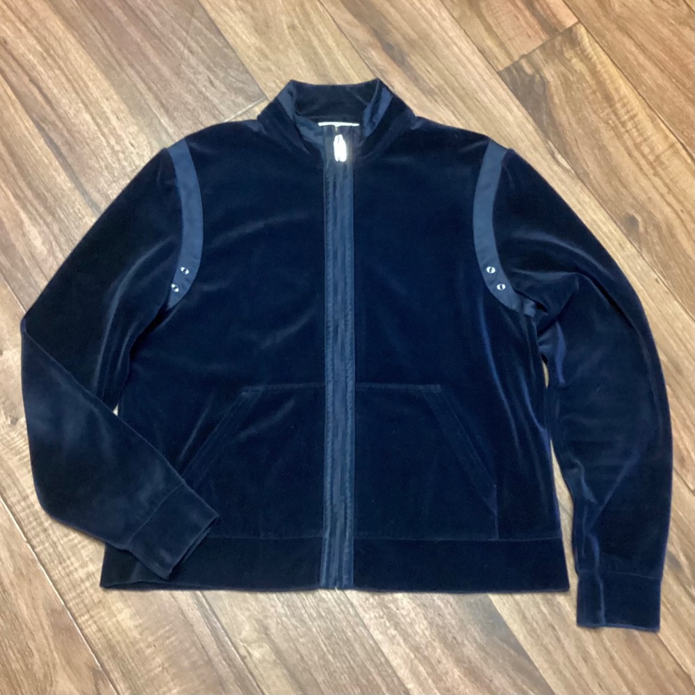 St John Sport Marie Navy Blue Velour Tracksuit Jacket Y2K Old Money Quiet Luxury